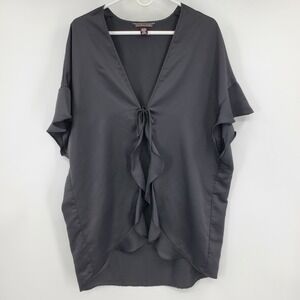 Victoria's Secret Black Satin Ruffle Tie Front‎ Robe Kimono One Size Romantic